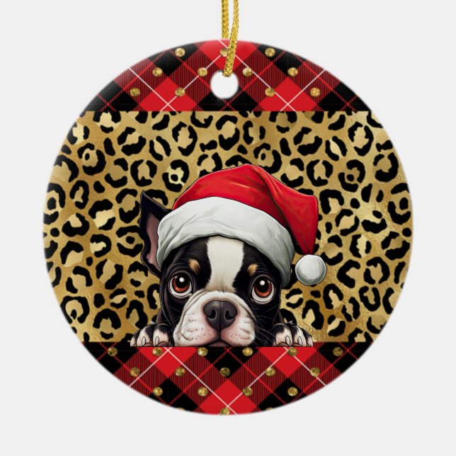 Décoration En Céramique Nom personnalisé Boston Terrier chien Santa hat Bu (Devant)