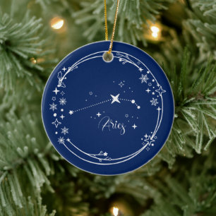 Décoration En Céramique Nom personnalisé de Noël Aries Zodiac Bleu Argent