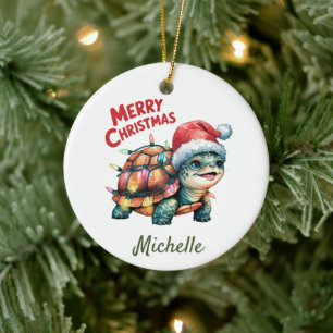 Décoration En Céramique Nom personnalisé Joyeuse tortue de Noël à Père Noë