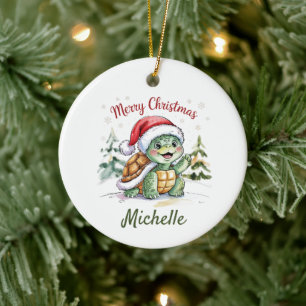 Décoration En Céramique Nom personnalisé Joyeuse tortue de Noël à Père Noë