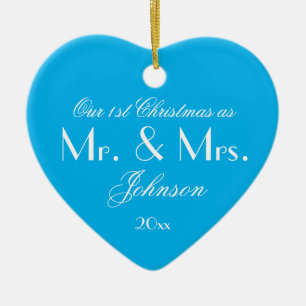 Décoration En Céramique Notre 1er Noël Comme Mr & Mrs Script Elegant Blue