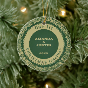 Décoration En Céramique Notre 1er Noël ensemble Gold Wreath sur vert -