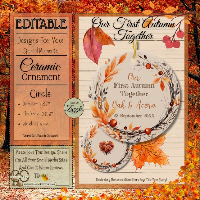 Décoration En Céramique Notre premier automne ensemble : Nom et Date Autom (Our First Autumn Together: Name and Date Fall Wreath Circle Ceramic Ornament)