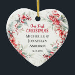 Décoration En Céramique Notre premier CHRISTMAS Winter Floral Heart<br><div class="desc">Notre premier ornement de coeur céramique personnalisée de Noël dépeint un hiver élégant, vacances de Noël nature courre florale avec la beauté de l'aquarelle gelée de baies rouges, fleurs et délicat feuilles et verdures doux de sauge. Customisez avec les noms et la date. Le dos présente la Bible Verse Chanson...</div>