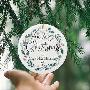 Décoration En Céramique Notre Premier Noël 2025 Couronne de Jeunes Mariés