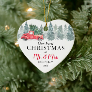 Décoration En Céramique Notre premier Noël   Camion rouge Vintage