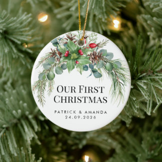 Décoration En Céramique Notre premier Noël en aquarelle de verdure