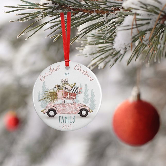 Décoration En Céramique Notre premier Noël en famille aquarelle voiture (Créateur téléchargé)