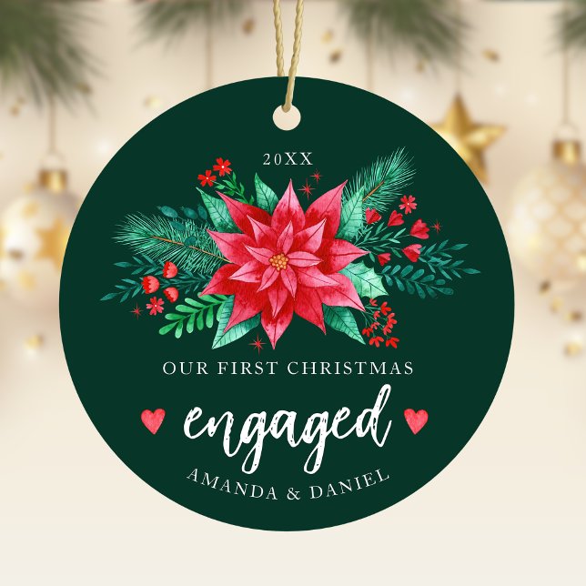 Décoration En Céramique Notre premier Noël Engagé Aquarelle Poinsettia (Our First Christmas Engaged Watercolor Poinsettia Ceramic Ornament)