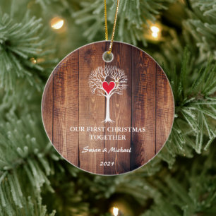 Décoration En Céramique Notre premier Noël ensemble amour arbre bois rust