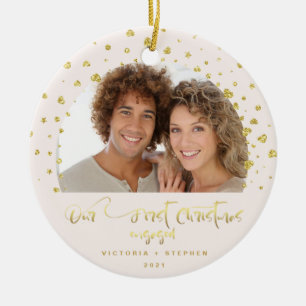 Décoration En Céramique Notre Premier Noël Fiancé Photo Cœurs Dorés