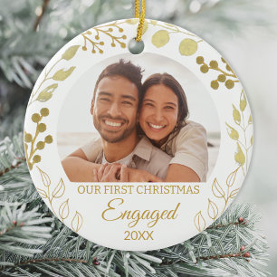 Décoration En Céramique Notre premier Noël fiancés Photo en feuille d'or