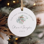 Décoration En Céramique Notre premier Noël Marié Eucalyptus<br><div class="desc">Célébrez votre premier Noël Marié avec notre exquis "Notre premier Noël Marié Minimaliste Eucalyptus céramique Ornement. Cet ornement marie magnifiquement simplicité et sentimentalité, avec un arrière - plan en céramique blanche immaculée orné de charmantes illustrations dessinées à la main sur des arbres de Noël. Il ajoute une touche d'élégance et...</div>