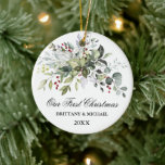 Décoration En Céramique Notre première aquarelle de Noël Berries vertes<br><div class="desc">Aquarelle moderne Elégante Verdure Couple Notre premier ornement de Noël comprend une belle aquarelle botanique,  des feuilles d'eucalyptus,  des baies sèches et d'autres beaux feuillages.</div>