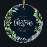 Décoration En Céramique notre première couronne d'hiver de noël<br><div class="desc">couronne de noël avec un arrière - plan bleu et un texte en écriture blanche. Le texte,  les couleurs et l'image à l'arrière peuvent être personnalisés.</div>