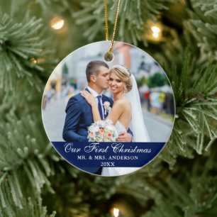 Décoration En Céramique Notre première photo Mariage de Noël bleu