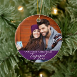 Décoration En Céramique Notre première photo violette de Noël<br><div class="desc">Notre premier ornement violet photo de Noël engagé avec des flocons de neige retour.</div>