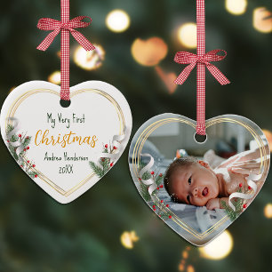 Décoration En Céramique Nouveau bébé 1er Noël Holly & Pine Gold Frame Phot