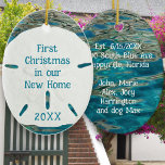 Décoration En Céramique Nouvelle maison tropicale Noël établi<br><div class="desc">Un ornement de Noël tropical pour une nouvelle maison. Premier Noël dans une nouvelle maison, le dollar de sable et la scène des îles tropicales avec texte personnalisé sur les deux côtés. Inclure la nouvelle adresse et l'année établies. Utiliser pour une maison permanente ou une maison de vacances nouvellement achetée....</div>