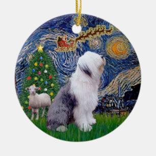 Décoration En Céramique Nuit étoilée de Noël - Vieux chien de berger angla
