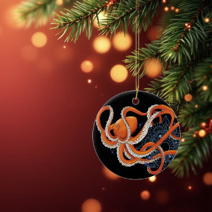 Décoration En Céramique Octopus Orange Mandal Blue