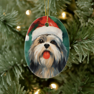 Décoration En Céramique OEuvre de peinture de Noël Lhasa Apso