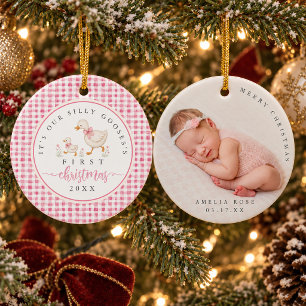 Décoration En Céramique Oie Ridicule Gingham Photo Premier Noël de Bébé
