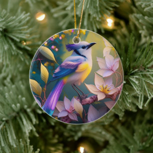 Décoration En Céramique Oiseau à poitrine jaune violet