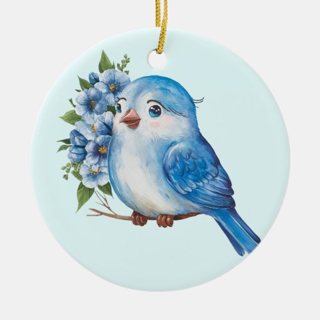 Décoration En Céramique Oiseau bleu avec fleurs (Devant)