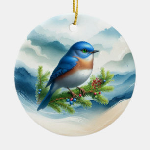 Décoration En Céramique Oiseau bleu et rameaux de Noël