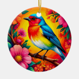 Décoration En Céramique Oiseau Coloré Perché Parmi des Fleurs Vibrantes
