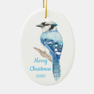Décoration En Céramique Oiseau daté de geai bleu d'aquarelle de Noël de