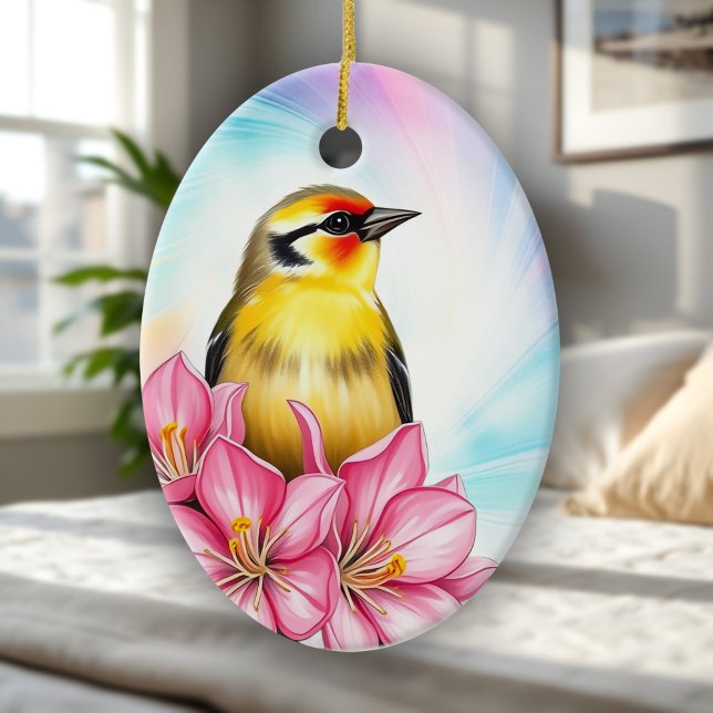 Décoration En Céramique Oiseau D'État De Goldfinch Washington Avec Azalées (Ornament of a Goldfinch perched among pink azalea flowers, a Spring songbird memento for bird lovers)