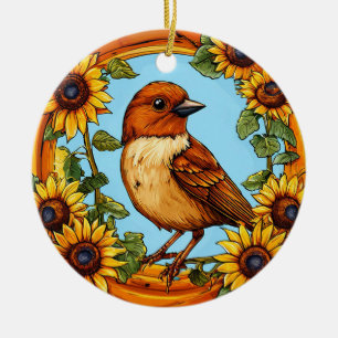 Décoration En Céramique Oiseau encadré par des fleurs vibrantes