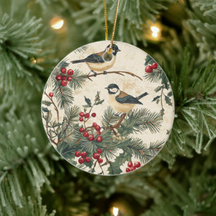 Décoration En Céramique Oiseau Héritage Chanson Holly Noël Crème Boisée