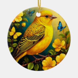 Décoration En Céramique Oiseau jaune perché parmi les fleurs éclatantes