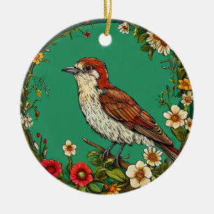 Décoration En Céramique Oiseau Troglodyte commun coloré parmi les fleurs é