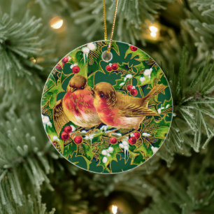 Décoration En Céramique Oiseaux de Noël Vintage Holly Faux Gold