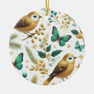 Décoration En Céramique Oiseaux dorés et papillons vert émeraude