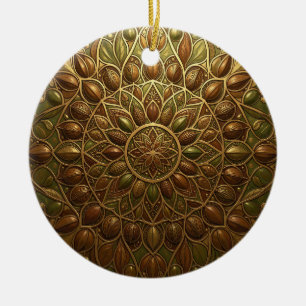 Décoration En Céramique Orné Mandala Floral Bronze Doré Embossé