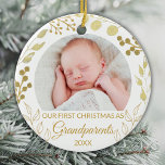 Décoration En Céramique Our First Christmas As Grandparents Gold Photo<br><div class="desc">This elegant Grandparents Christmas Ornament is decorated with gold foliage on a white background.
Easily customizable with baby's photo and year.
Original Watercolor © Michele Davies.</div>