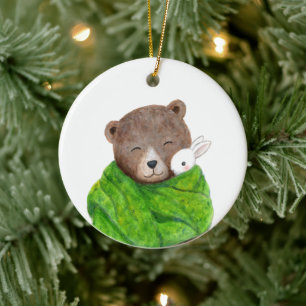 Décoration En Céramique Ours et lapin dans une grande couverture verte nom