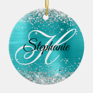 Décoration En Céramique Pailleté Argent Turquoise Bleu Feuille Monogramme 
