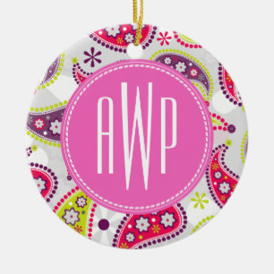 Décoration En Céramique Paisley et monogramme rose