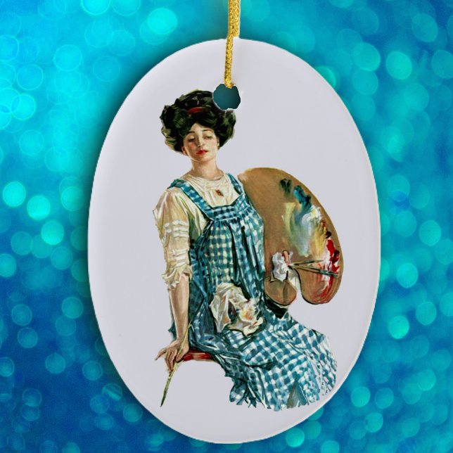Décoration En Céramique Palette de peintre vintage de l'artiste victorien (Lady Victorian era artist holding palette with paints in blue plaid smock on blue oval ornament.)