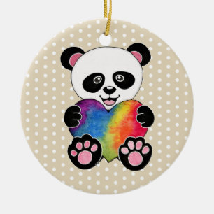 Décoration En Céramique Panda Aquarelle Cute Avec Coeur Arc En Ciel