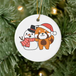 Décoration En Céramique Panda Rouge Avec Snowman En Hiver Pour Noël Cer