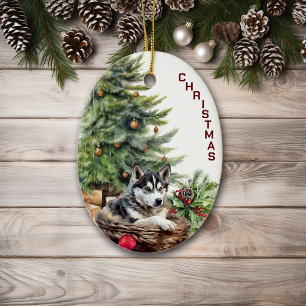 Décoration En Céramique Panier d'osier pour chien de Sibérie Husky Noël