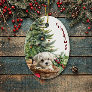 Décoration En Céramique Panier en osier maltais pour chiot Noël