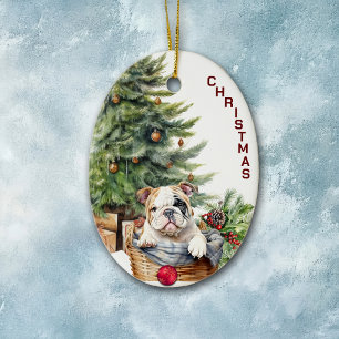 Décoration En Céramique Panier en osier pour chiot Bulldog Noël
